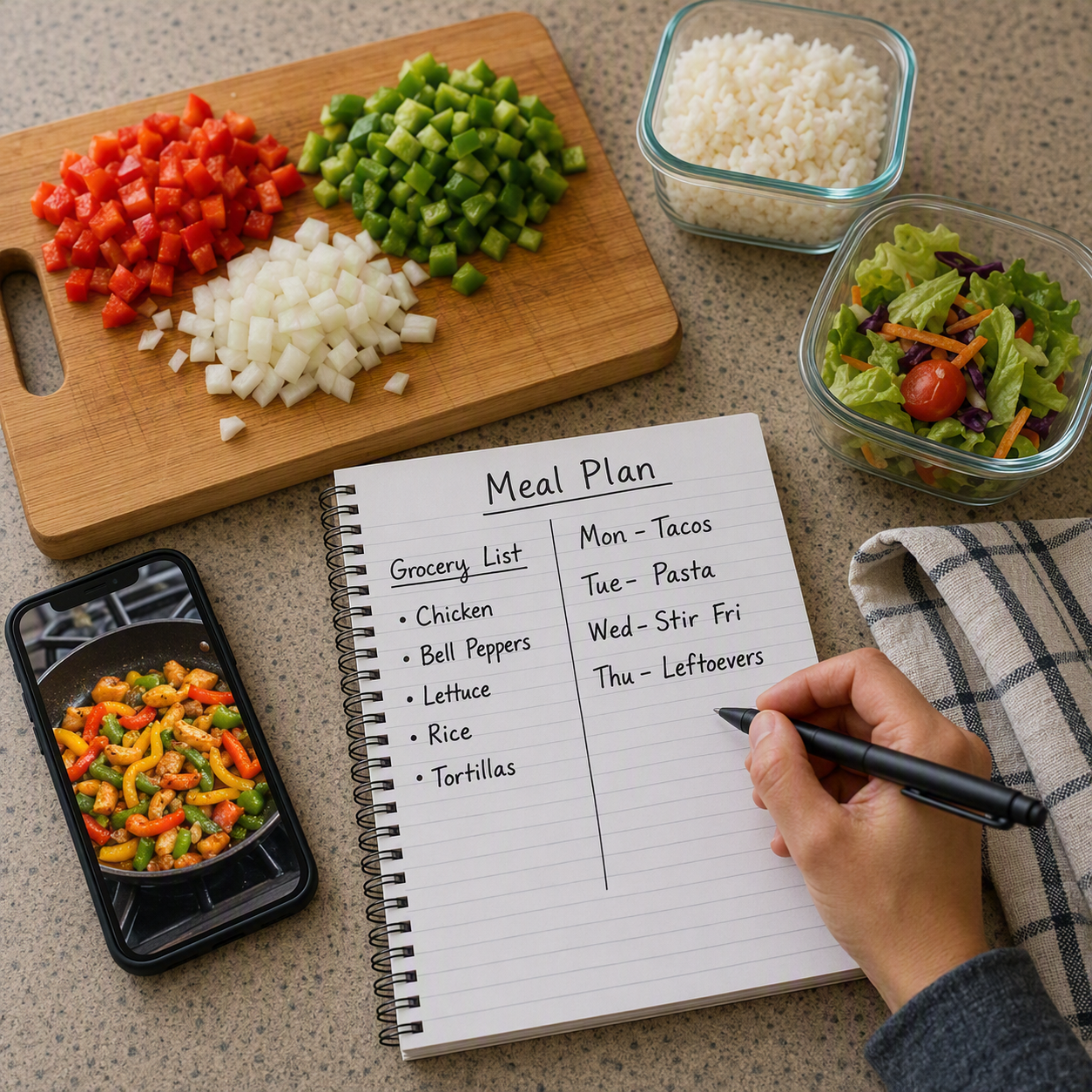 Chopped onions, carrots and peppers on a cutting board with a few other prepped items, a hand writing out a meal plan on a pad of paper