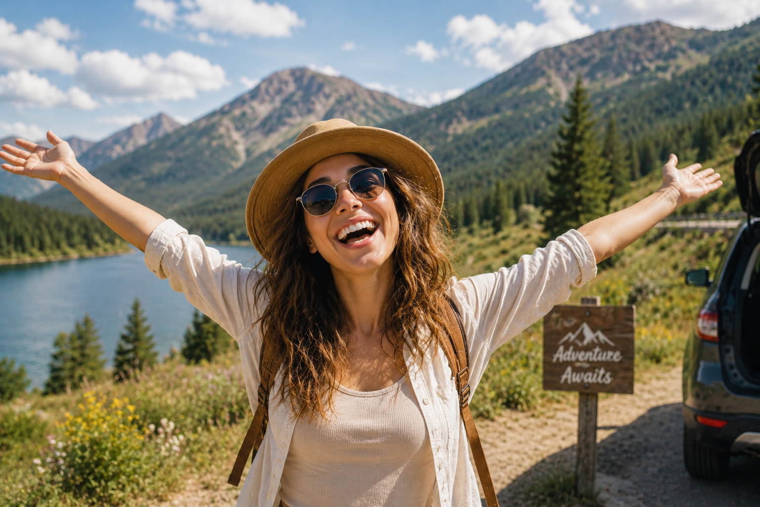 A happy woman standing with her arms up in front of a lake and mountain.