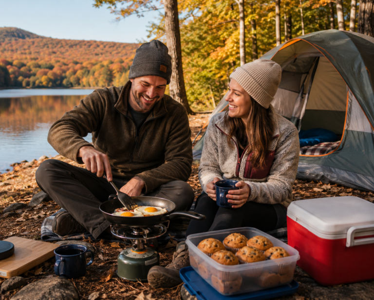 A couple sitting outside a a tent by a lake cooking food they prepared at home.