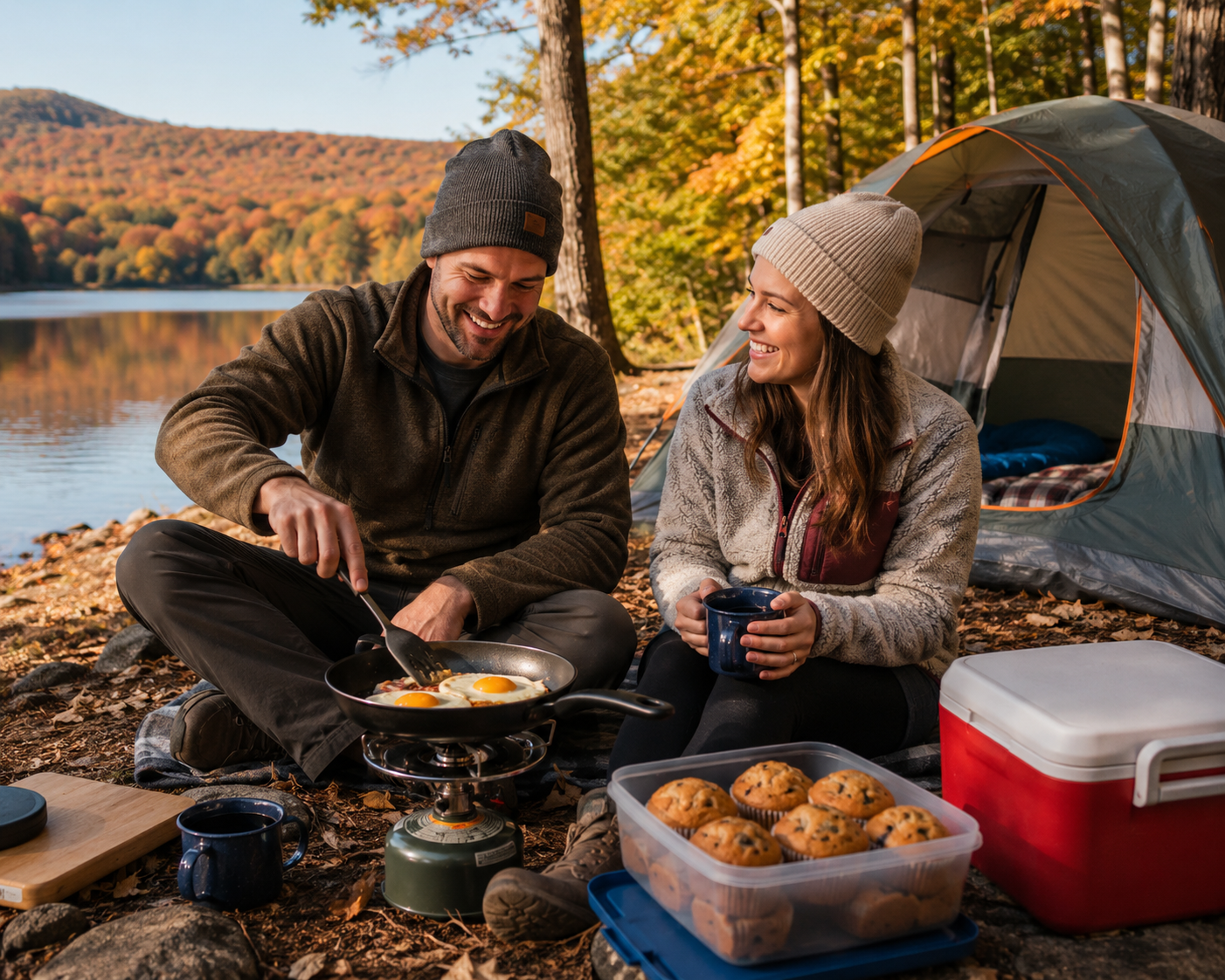 A couple sitting outside a a tent by a lake cooking food they prepared at home.