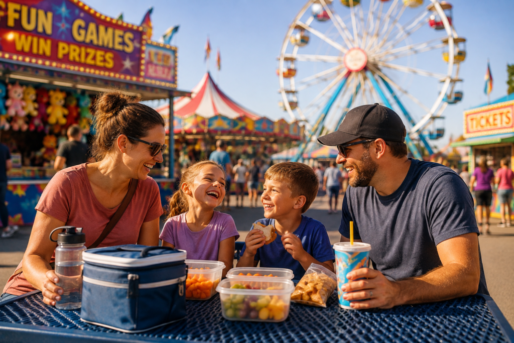 Family at a carnival, sitting at a table eating food they brought from home.