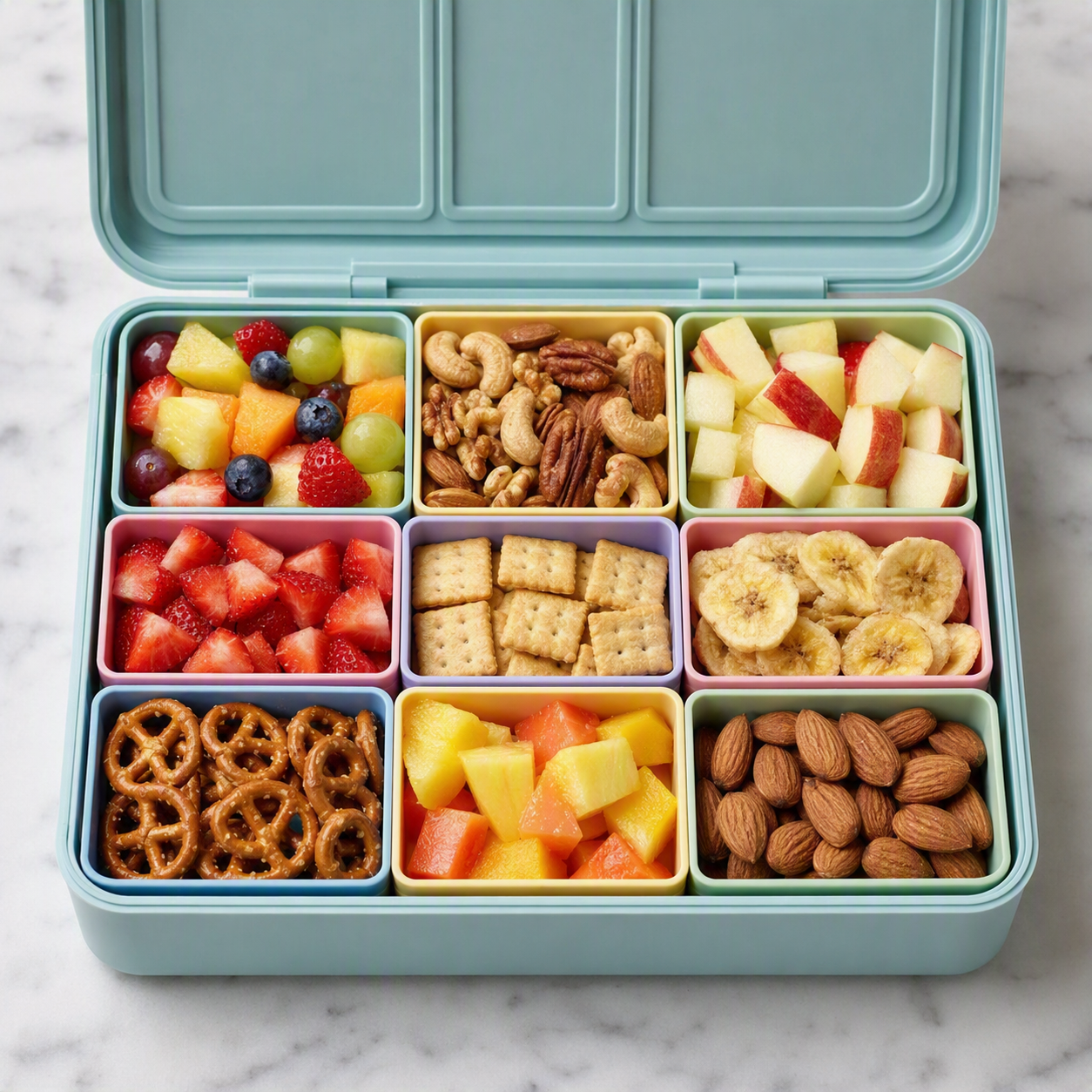 Snack box with open lid showing 9 different snacks.