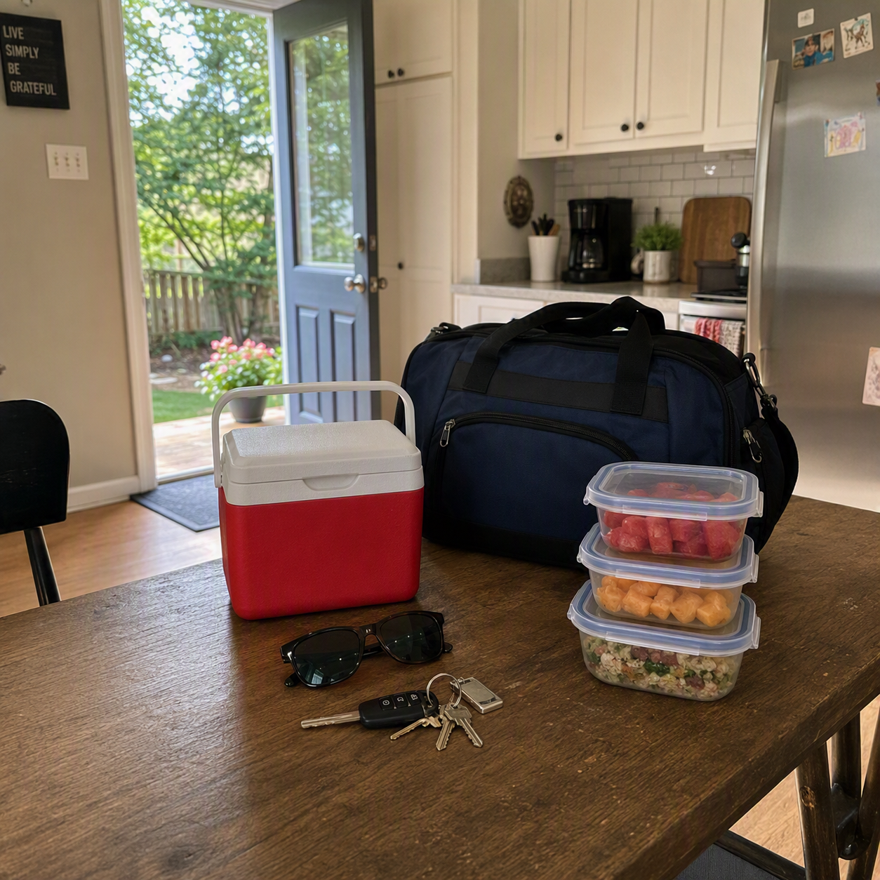prepped food with a cooler and bag on top of a kitchen table with the back door open