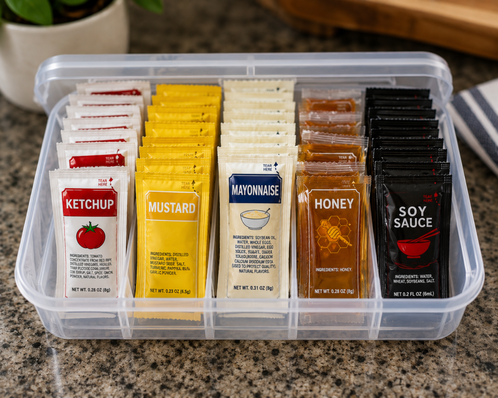 An organized container with the best condiments for travel in packets.