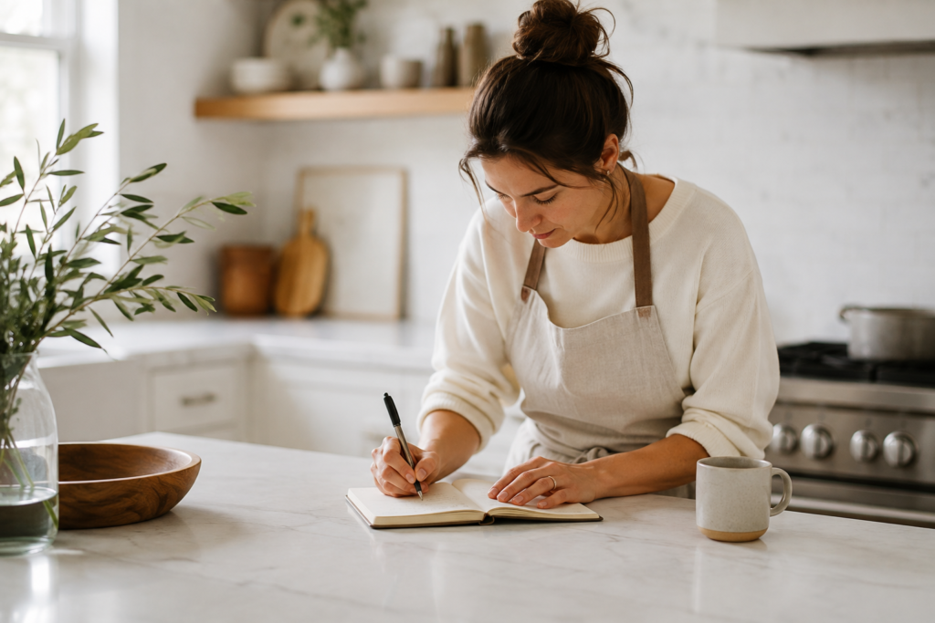 A woman in a kitchen writing on a notepad.