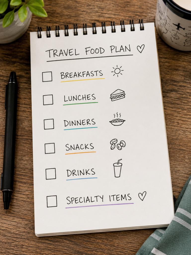 A travel food plan listed out on a notebook.