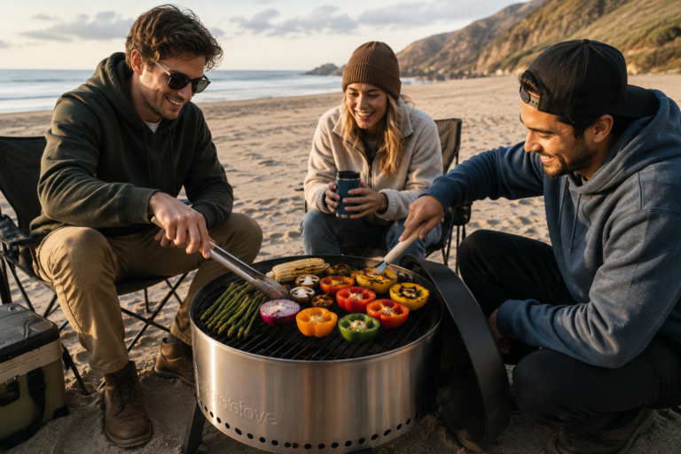 Three people sitting around a grill, cooking vegetables.