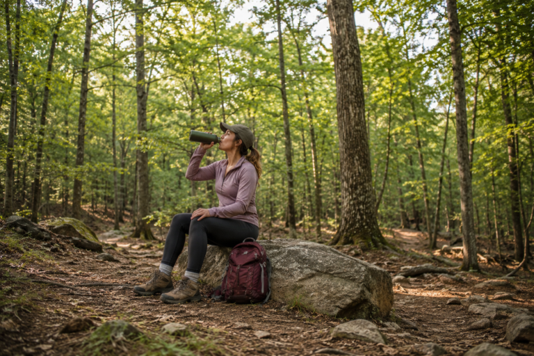 A woman is in the woods sitting on a rock drinking out of her refillable water bottle.