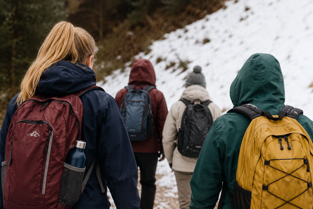 Four woman our out hiking with backpacks and refillable water bottle.