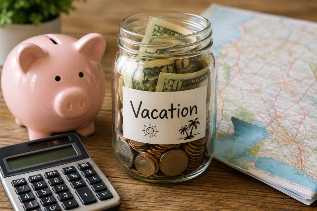 A jar with money inside labled Vacation, a piggy bank, a calculator and a map on a table.