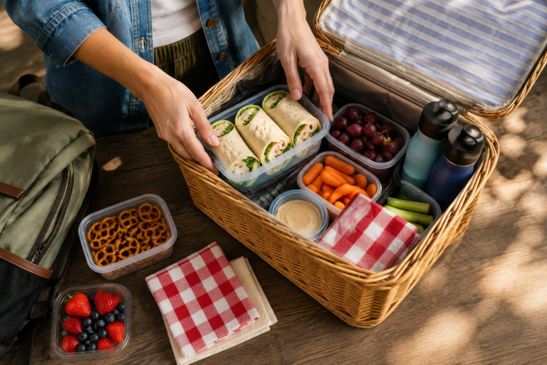 A picnic basket sitting open on a table full of prepped foods from home. Hands are reaching into the basket to pull a container of wraps out.