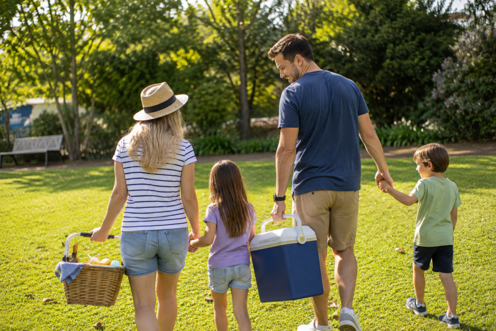 Family of four out on a sunny day with a picnic basket and cooler.