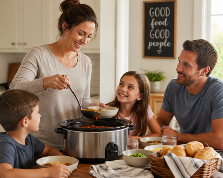 A mom scooping food out a a slow cooker with a ladle into a bowl with her two kids and husband sitting at the table.