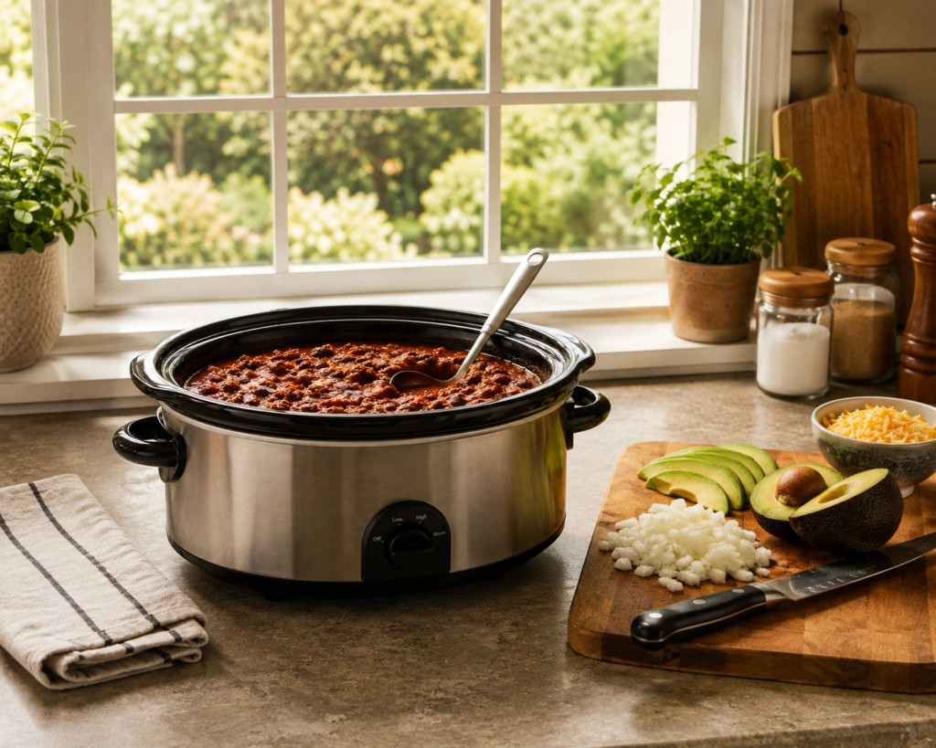 A slow cooker containing chili and a ladle, sitting in front of a window on a kitchen table with a cutting board next to it with cut onions and sliced avocado.