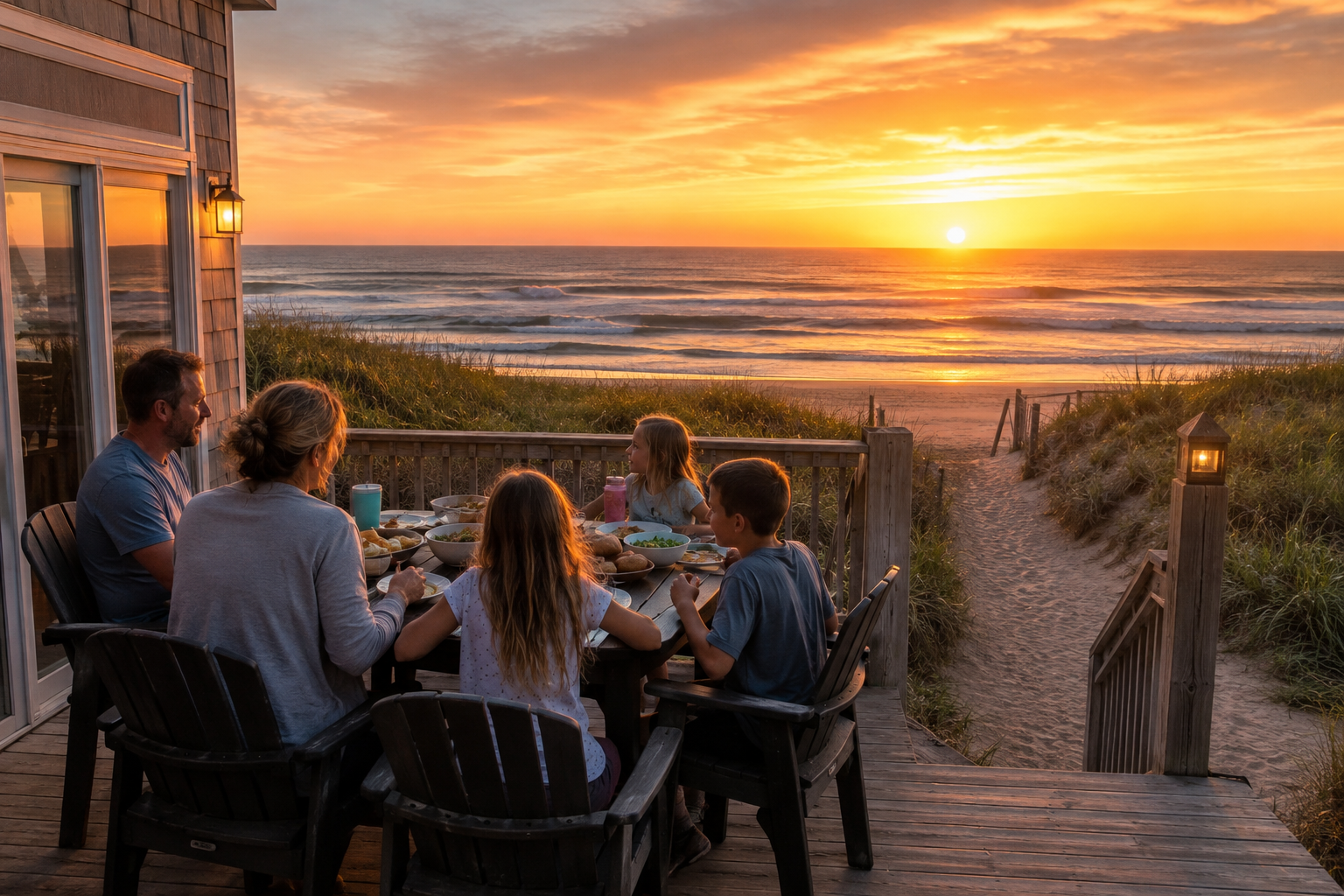 A family of four sitting on a back deck eating while enjoying a view of the sun setting into the ocean.