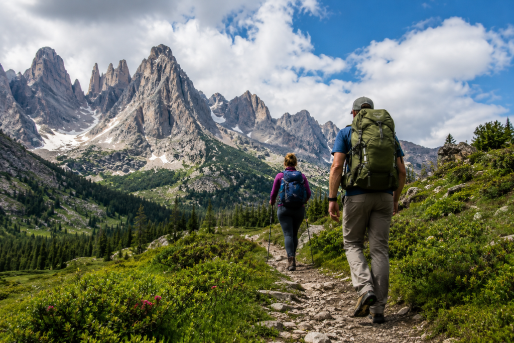 A man and a woman on a hiking trail carrying backpacks.