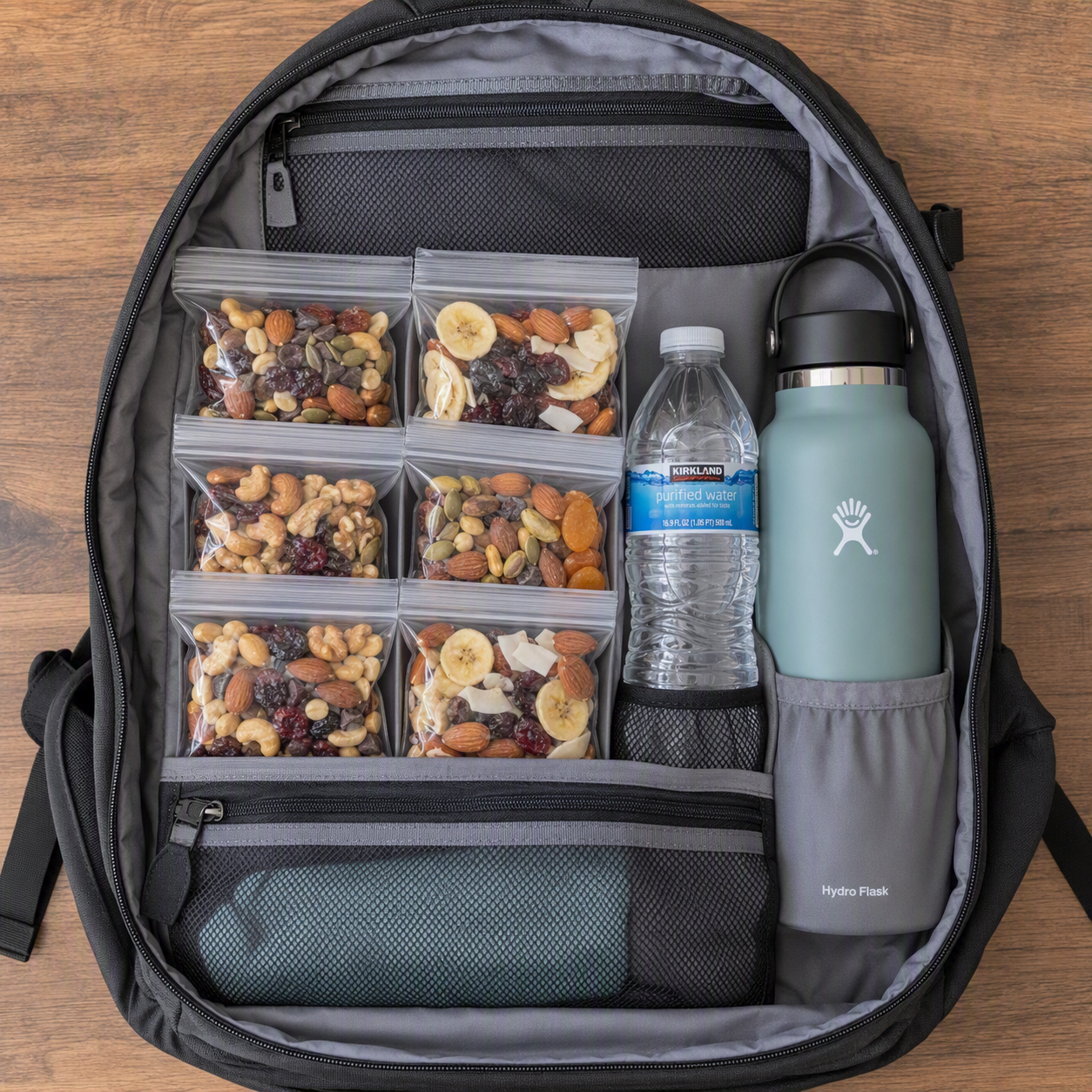 Open backpack containing portioned snacks, a water bottle, and a refillable water bottle.