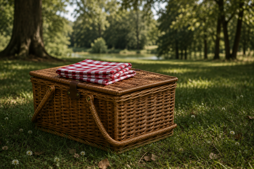 picnic basket sitting on the grass with a red and white checkered blanket on top.