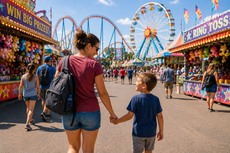 A mom carrying a backpack, holding her son's hand at an amusement park.
