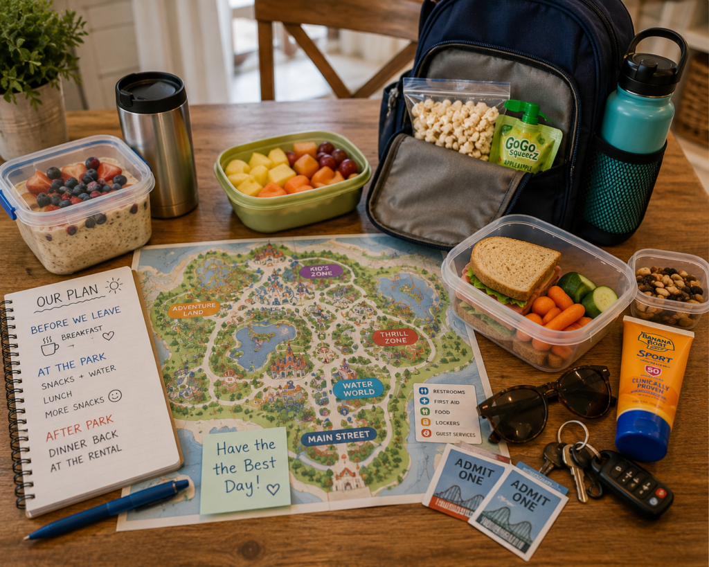 On top of a table is a map, travel plan, keys, suntan lotion, prepped foods and backpack with snacks and a refillable water bottle.