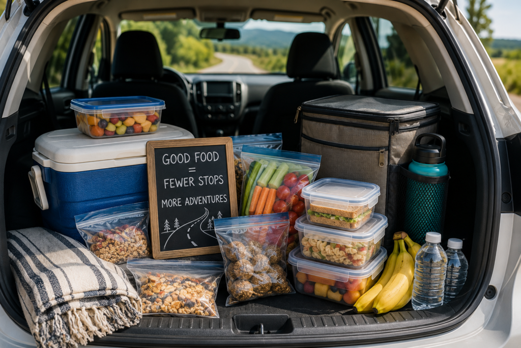 The trunk of a car packed with prepped ahead food with an ice chest and cooler