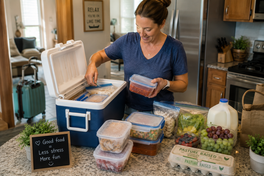 A woman in a kitchen packing containers of prepped foods into a ice chest.