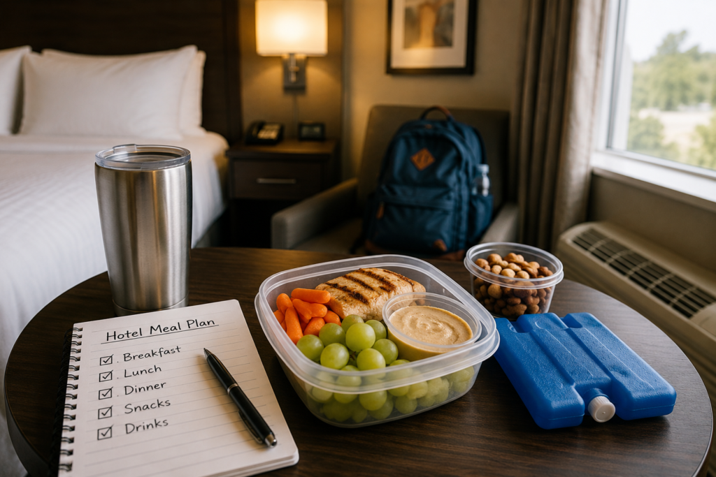 Prepped snacks sitting on a table in a hotel room beside a notepad that says Hotel Meal Plan. There is a chair with a backpack on it and a hotel bed in the background.