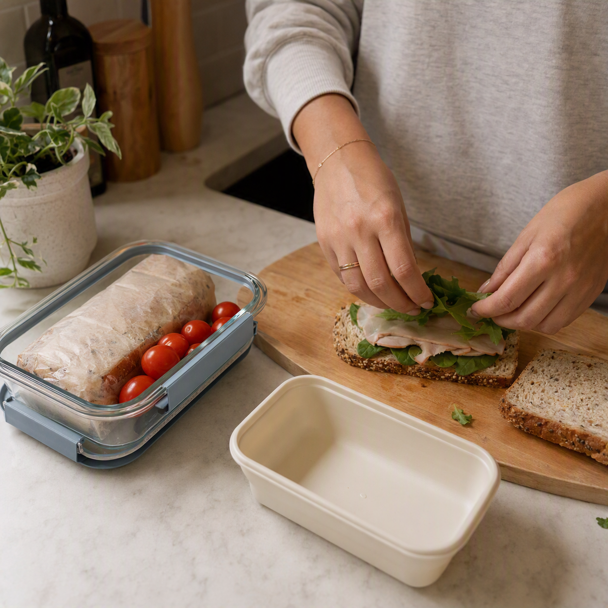 Hands prepping a sandwich with an empty container to put it in, and already prepped container with food is to the side.