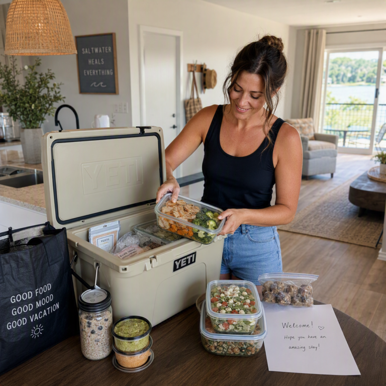 A woman in a kitchen taking prepared food from home out of a cooler.
