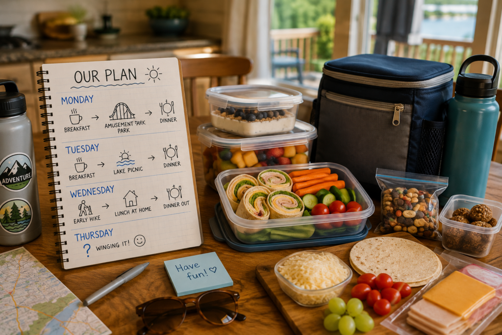 A kitchen table full of prepped ahead food with a small cooler, refillable water bottle and a plan for the week.
