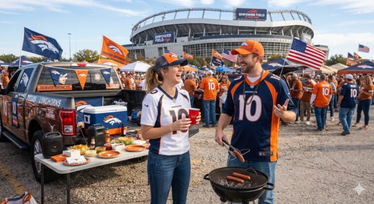A man an woman tailgating in a parking lot, in front of a football stadium, cooking hotdogs on a grill.